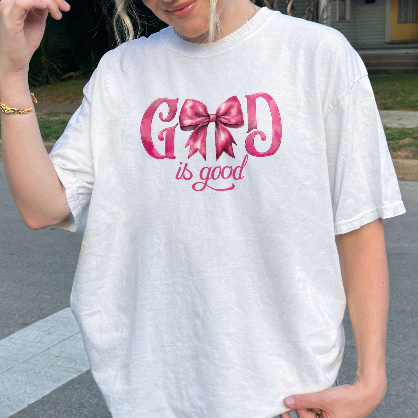 God Is Good Shirt | Pink Bow Christian Faith Tee, Bible Verse Top