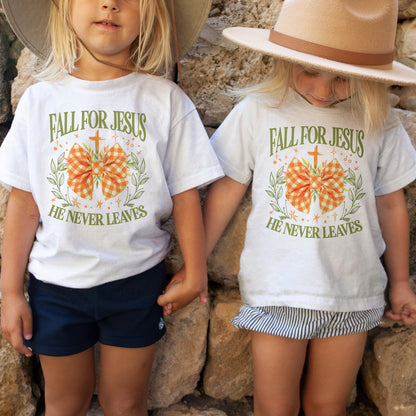 Fall For Jesus: Christian Faith, He Never Leaves Autumn Praise Youth Tshirt