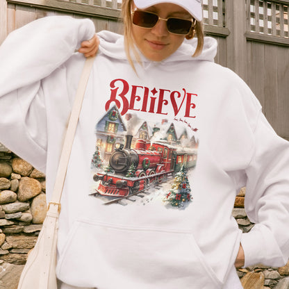 Believe Polar Express Christmas Train Hoodie | Holiday Santa Sleigh Hoodie