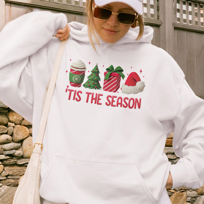 Tis The Season Shirt: Christmas Coffee, Holiday Gift, Santa Hat Tree, Festive Christmas Outfit Hoodie