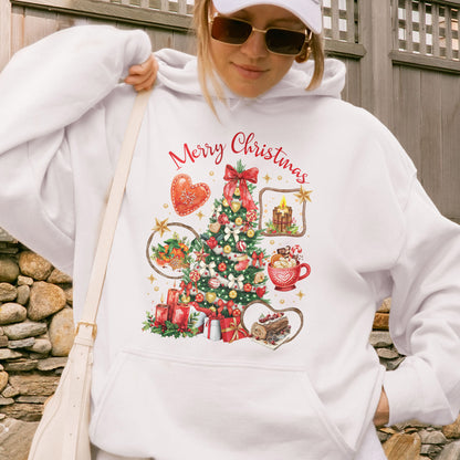 Vintage Merry Christmas Hoodie – Christmas Tree Candy Cane Hot Cocoa Holiday Hoodie