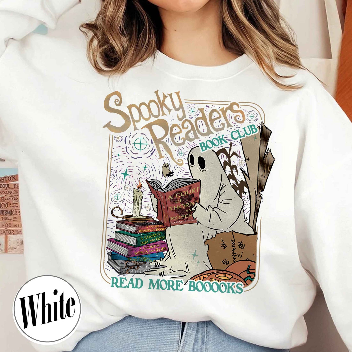 Bookish Sweatshirt, Acotar Ghost Sweatshirt, Book loverHalloween Sweatshirt, Spooky Ghost Skeleton Sweatshirt