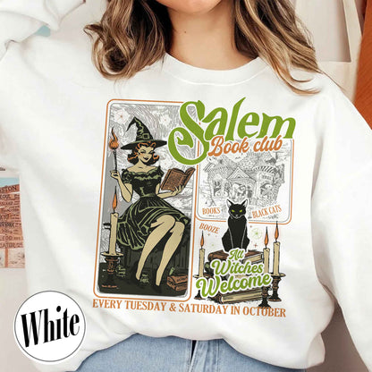 Halloween Bookish Sweatshirt, Salem Witch Book Club Sweatshirt, Black Cat Broom Sweatshirt
