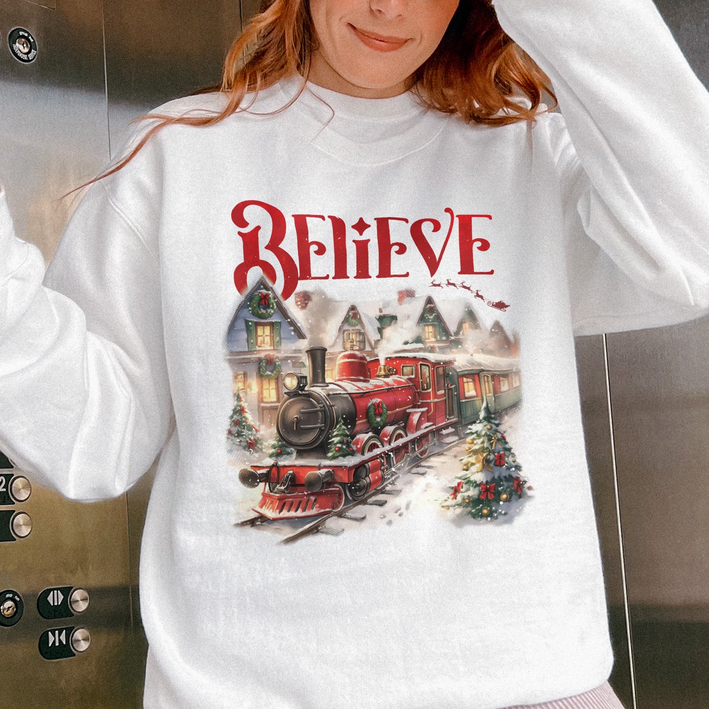 Believe Polar Express Christmas Train Sweatshirt | Holiday Santa Sleigh Sweatshirt