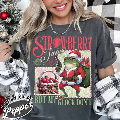 Strawberry Jams but My Glock Don’t Shirt, Funny Frog Graphic Tee-Shirt, Christmas Frog T-Shirt, Meme Shirt, Cowboy Frog, Funny Frog Cowboy Shirt