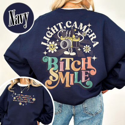 Lights Camera Bitch Smile Sweatshirt, Swiftie Merch, Ttp Lyrics Sweatshirts, Unisex Concert, Gift For Friend, Ttdp Tshirt, Tortured Poets Sweatshirt
