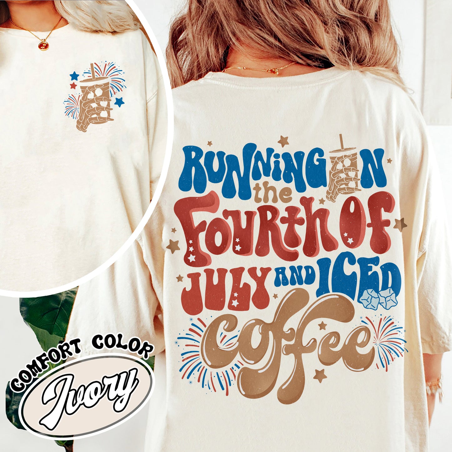 Running On The 4th Of July And Iced Coffee Comfort Colors Shirt, Patriotic Shirt, Happy 4th Of July Tee, Coffee Lover Shirt, Independence Day