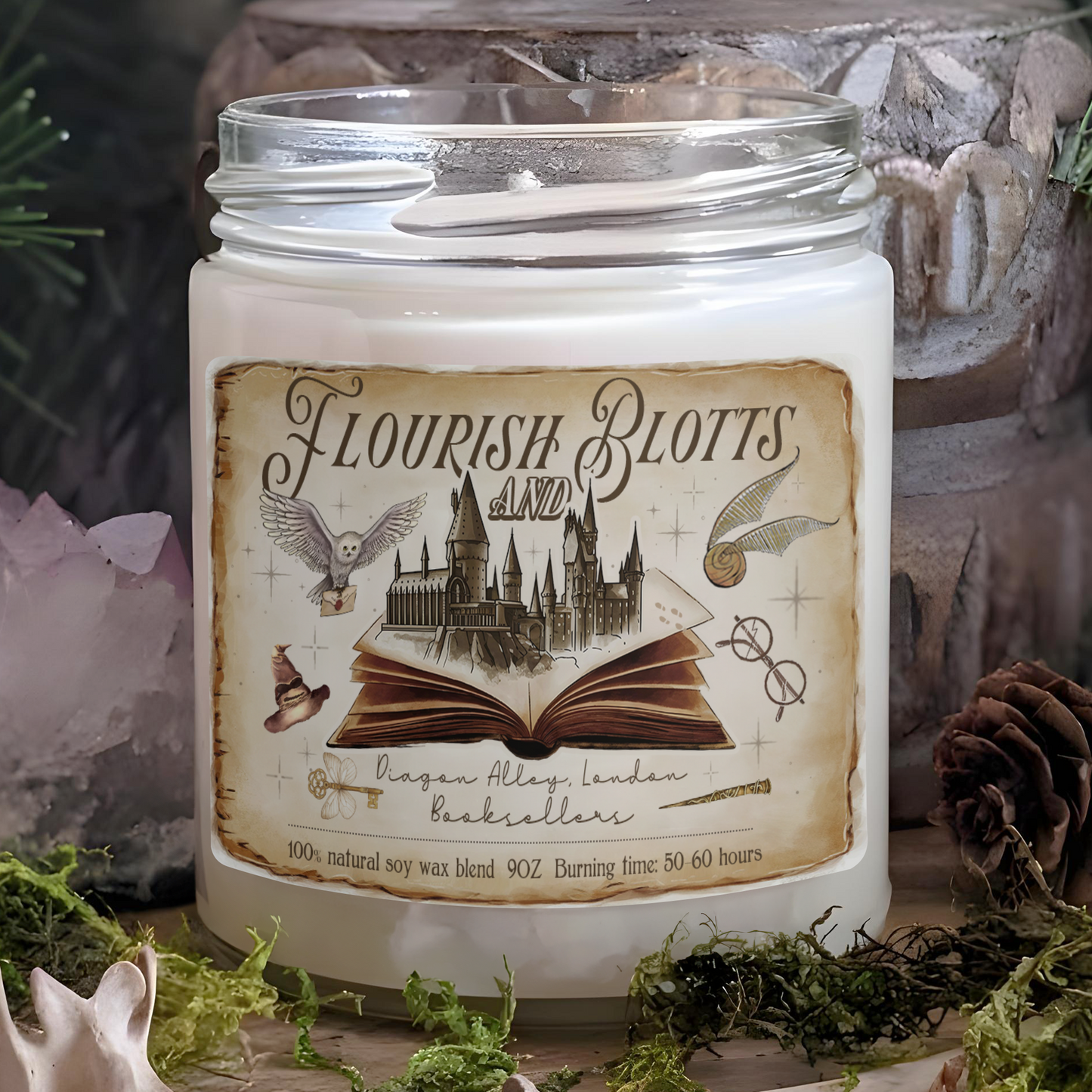 Flourish and Blotts Candle, Wizard Candle, Wizard School Book Shop Candle, Magical Castle, Book Lover Gift, Gift for Fan, Potter Gift, Bookish Gift