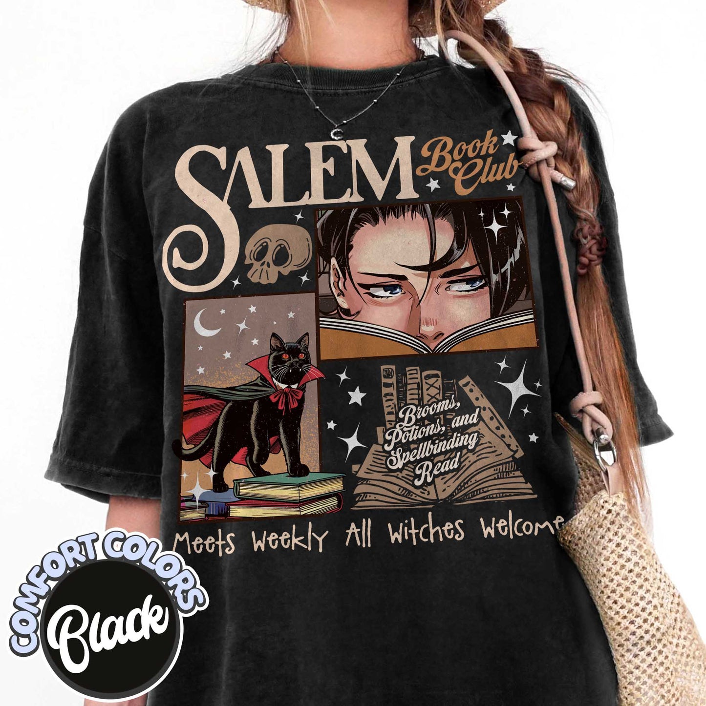 Retro Salem Book Club Comfort Colors Shirt, Bookish Halloween Tee, Black Cat Spooky Book Lover Shirt, Salem Witches, Spooky Season Fall