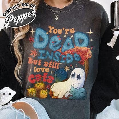 Dead Inside but Still Love Cats Shirt, Halloween Cat Shirt, Ghost Shirt, Ghost Cat Shirt, Ghost Holding Black Cat Shirt, Black Cat Shirt